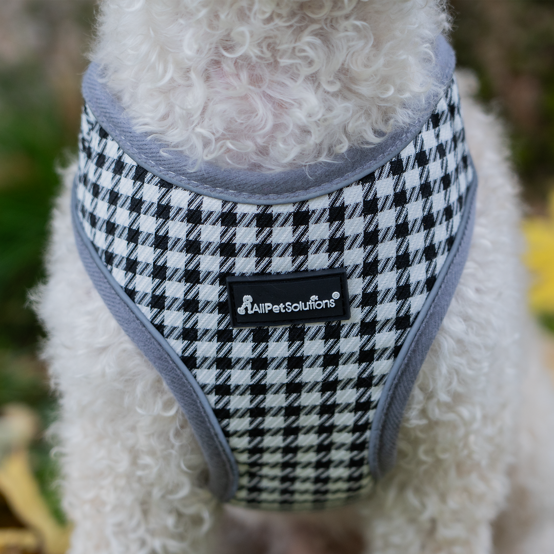 Dog Harness with Reflective Strip in Grey & White Check S/M