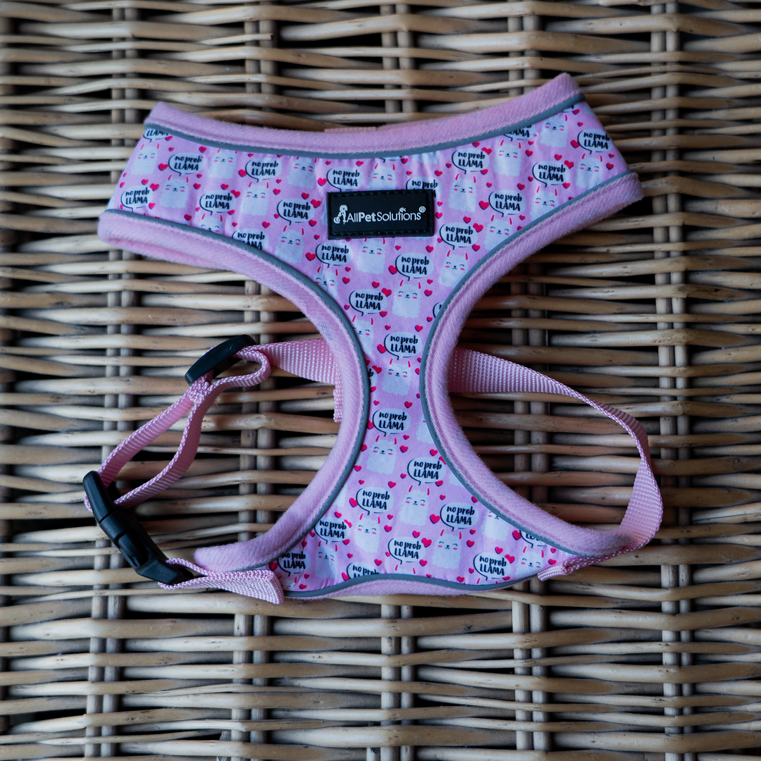 Dog Harness with Reflective Strip - Pink Llama Print S/M/L