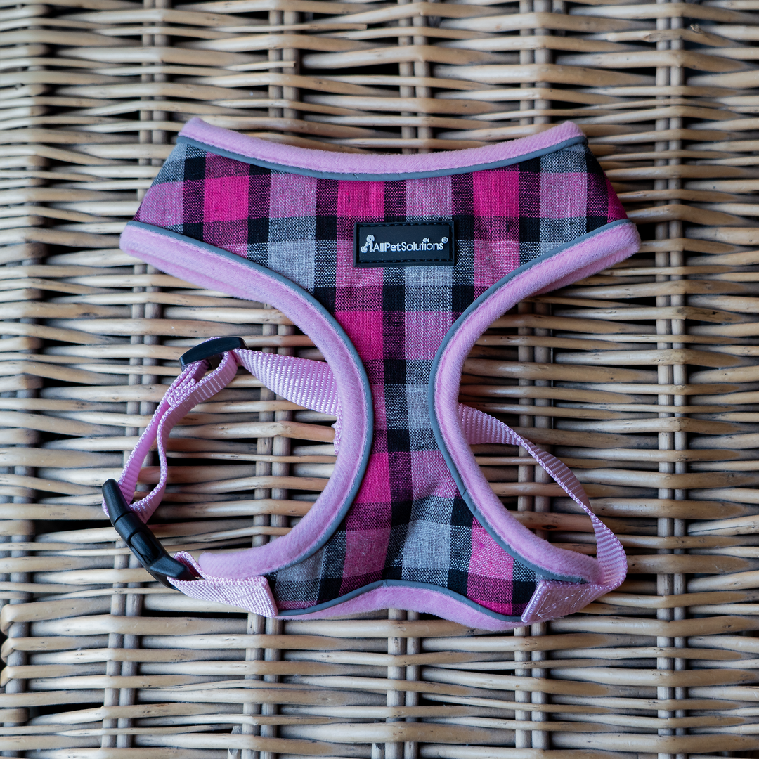 Dog Harness with Reflective Strip in Pink Tartan S/M/L