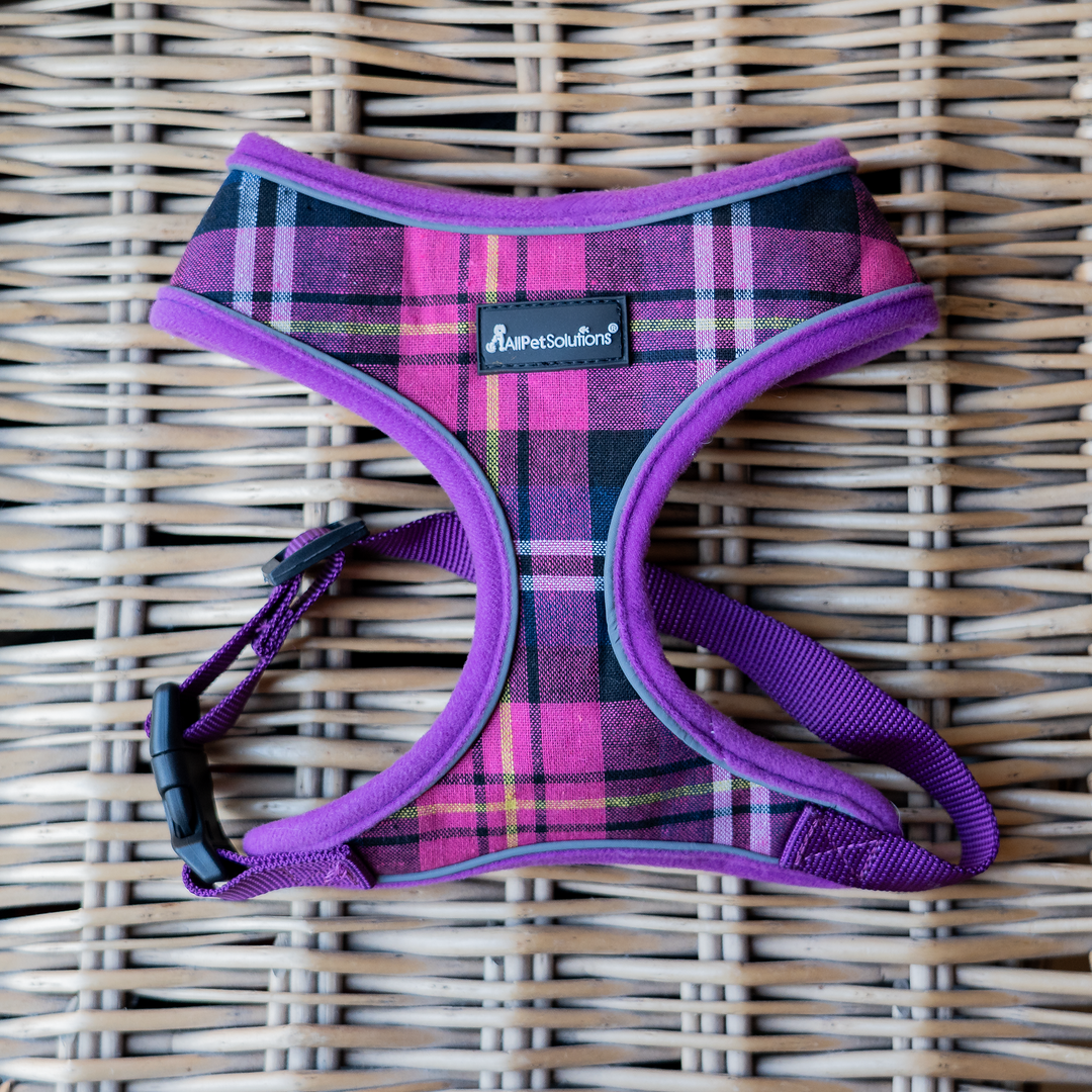 Dog Harness with Reflective Strip in Purple Tartan S/M/L