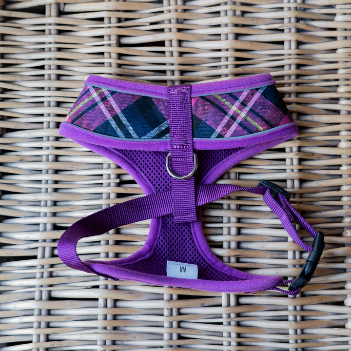 Dog Harness with Reflective Strip in Purple Tartan S/M/L