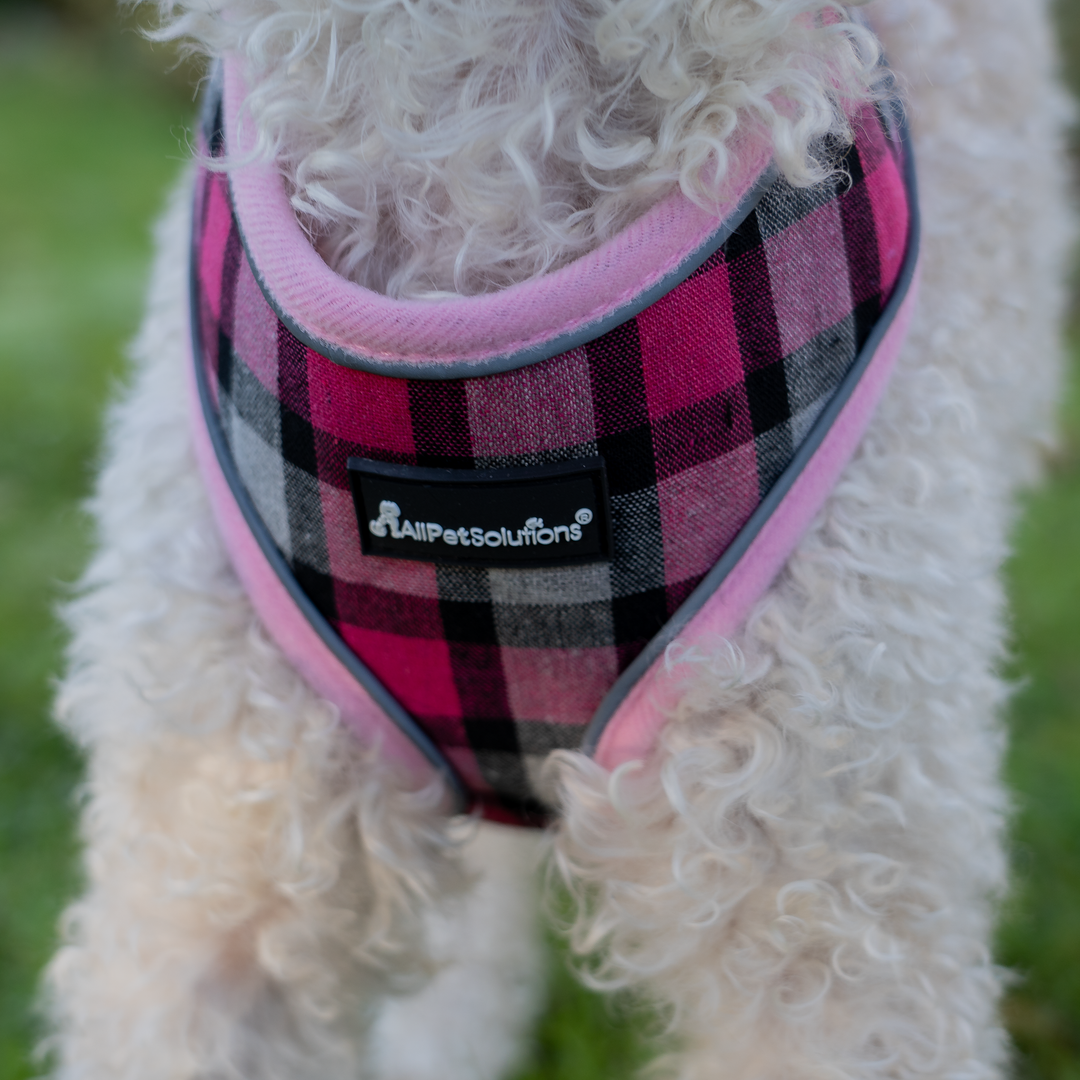 Dog Harness with Reflective Strip in Pink Tartan S/M/L