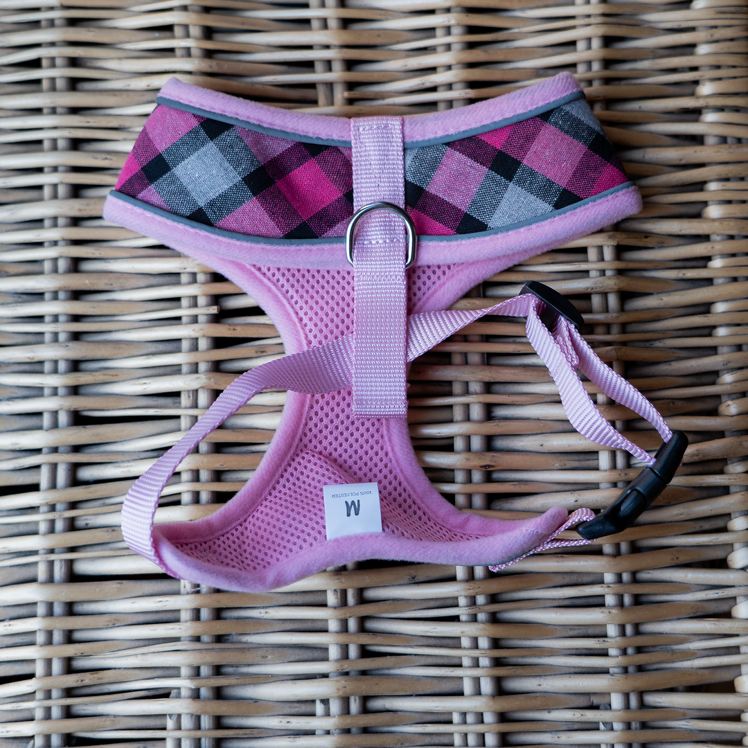 Dog Harness with Reflective Strip in Pink Tartan S/M/L